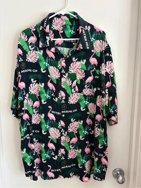 Inter Miami CF Men's Black Tropical Flamingo Button-Up Shirt with IMCF logo